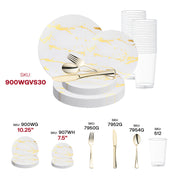 Create a luxurious and modern atmosphere with the White with Gold Marble Stroke Round Disposable Plastic Wedding Value Set, great for high-end events and formal celebrations.