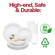 Create a luxurious banquet table with the White with Gold Vintage Rim Round Disposable Plastic Wedding Value Set—ideal for weddings, galas, and elegant dinners