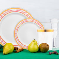Create a majestic tablescape with The Reign Package’s gold-rimmed plates, luxe cutlery, and deep burgundy linens.