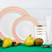 Create a majestic tablescape with The Reign Package’s gold-rimmed plates, luxe cutlery, and deep burgundy linens