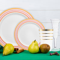 Create a majestic tablescape with The Reign Package’s gold-rimmed plates, luxe cutlery, and deep burgundy linens