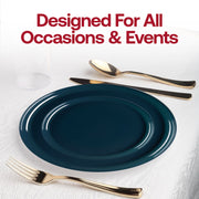 Create a memorable dining experience with the Navy Flat Round Disposable Plastic Wedding Value Set, ideal for both intimate dinners and large celebrations