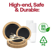 Create a polished banquet look with the Black with Gold Marble Rim Disposable Plastic Wedding Value Set, blending sophistication and convenience effortlessly