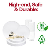 Create a refined and modern table setting with the Solid White Organic Round Disposable Plastic Wedding Value Set, the perfect choice for weddings, galas, and distinguished events