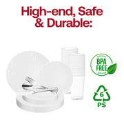 Create a refined and romantic atmosphere with the White with Silver Antique Floral Round Disposable Plastic Wedding Value Set, perfect for weddings and special events with a vintage touch