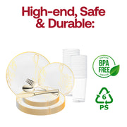 Create a refined, timeless table with the White with Gold Antique Floral Round Disposable Plastic Wedding Value Set, a perfect choice for vintage-themed weddings and classic celebrations