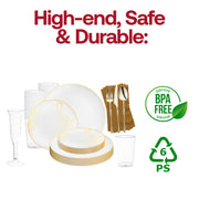 Create a romantic, vintage-inspired table setting with the White with Gold Antique Floral Plastic Grand Wedding Value Set, perfect for adding a classic touch to your wedding or celebration