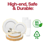 Create a sophisticated atmosphere with the White with Gold Rim Round Blossom Disposable Plastic Wedding Value Set, ideal for weddings and upscale gatherings seeking elegance
