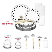 Create a striking and fashionable atmosphere with the White with Black Dots Round Blossom Disposable Plastic Wedding Value Set, perfect for upscale events and distinctive celebrations.
