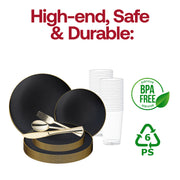 Create a striking and refined table setting with the Black with Gold Rim Organic Round Disposable Plastic Wedding Value Set, perfect for contemporary weddings and upscale gatherings