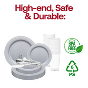 Create a striking, contemporary table setting with the Matte Steel Gray Round Disposable Plastic Wedding Value Set and silver cutlery—ideal for modern weddings and high-end events