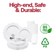 Create a table setting of understated elegance with the White with Silver Dots Round Blossom Disposable Plastic Wedding Value Set, perfect for weddings, anniversaries, and sophisticated gatherings