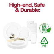 Create a timeless and elegant table setting with the Matte Milk White Round Disposable Plastic Wedding Value Set with gold silverware, perfect for weddings and upscale events
