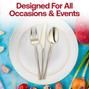 Create a timeless atmosphere at your celebration with the White with Gold Rim Organic Plastic Grand Wedding Value Set, designed to enhance the elegance of your wedding or special event