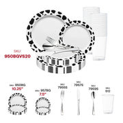 Create a trendy and lively table setting with the White with Black Dalmatian Spots Round Disposable Plastic Wedding Value Set, ideal for modern weddings and festive occasions