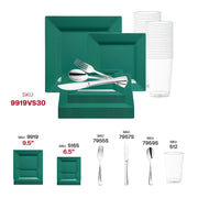 Create a vibrant and elegant party atmosphere with the Hunter Green Square Plastic Plates Wedding Value Set.