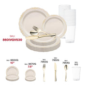 Create a warm, sophisticated ambiance with the Ivory with Gold Vintage Rim Round Disposable Plastic Wedding Value Set, perfect for upscale dinner parties and formal events.