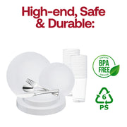 Create an elegant and graceful table setting with the White with Silver Rim Organic Round Disposable Plastic Wedding Value Set, perfect for upscale weddings and refined gatherings