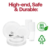 Create an elegant and refined table setting with the Clear with Silver Vintage Rim Round Disposable Plastic Wedding Value Set, ideal for weddings and formal gatherings