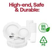Create an elegant and refined table setting with the White with Silver Rim Round Blossom Disposable Plastic Wedding Value Set, perfect for sophisticated weddings and upscale occasions