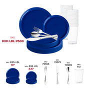 Create an elegant table with the Solid Blue Flat Round Disposable Plastic Wedding Value Set, perfect for pairing with elegant centerpieces and chic decor.