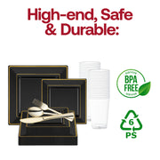 Create an elegant wedding tablescape with the Black with Gold Square Edge Rim Plastic Wedding Set, perfect for formal gatherings