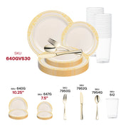 Create stylish party decor using the Ivory with Gold Harmony Rim Plastic Wedding Value Set accented with gold cutlery.
