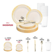 Create stylish party decor using the Ivory with Gold Harmony Rim Plastic Wedding Value Set accented with gold cutlery