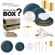 Created from BPA-free, recyclable plastic, the Navy with Gold Organic Tableware Set supports eco-conscious, upscale entertaining
