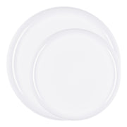 Crisp white disposable dinnerware value pack with sleek flat design, featuring dinner and salad plates for any occasion