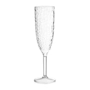 Crystal-clear disposable plastic champagne flutes with an elegant design, 8 oz capacity, perfect for celebrations