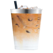 Crystal-clear round plastic tumblers with a premium metallic silver rim, 12 oz capacity, disposable for convenience