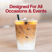 Crystal clear disposable plastic cup with gold border featuring a refreshing lime and mint drink, perfect for wedding cocktail hours.