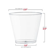 Crystal clear plastic disposable party cups, 5 oz capacity, 2.9” x 2.5”, available in a 120-pack