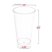 Crystal clear plastic disposable tall iced tea cups in a 500-pack, each holding 16 oz, measuring 3.5” x 5.5”, perfect for cold drinks