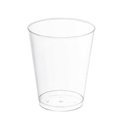 Crystal clear round plastic disposable party cup with an 8 oz capacity
