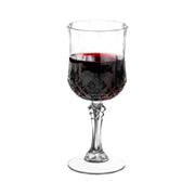 Crystal cut fancy plastic wine glasses with an 8 oz capacity, intricate design, and 3-inch by 6.75-inch size, sold as a 48-pack
