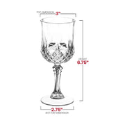 Crystal cut plastic wine glasses with an 8 oz capacity and compact 3-inch by 6.75-inch size, sold in a pack of 48