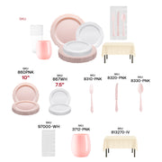 Cupid’s Favorite Set used at a bridal shower, featuring elegant vintage plates and ivory linens on a decorated table