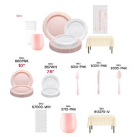 Cupid’s Favorite Set used at a bridal shower, featuring elegant vintage plates and ivory linens on a decorated table