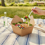 Customer carrying a kraft folded paper #1 container from a counter, sturdy natural brown takeout box for delivery, picnics, and boxed lunches.
