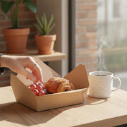 Customer carrying a kraft folded paper #2 container from a counter, sturdy natural brown takeout box for delivery, picnics, and boxed lunches.
