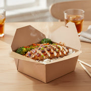 Customer carrying a kraft folded paper #4 container from a counter, sturdy natural brown takeout box for delivery, picnics, and boxed lunches.
