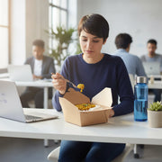 Customer carrying a kraft folded paper #8 container from a counter, sturdy natural brown takeout box for delivery, picnics, and boxed lunches.
