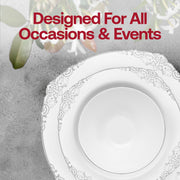 Decorated dinner table showcasing the elegance of the White with Silver Fancy Round Plastic Tableware Set for celebrations