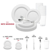 Decorated reception table displaying the silver-trimmed pearl round plates for elegant wedding or party settings.