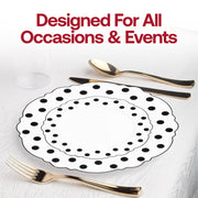 Decorative disposable dinner plates in white with a charming black dot blossom pattern, round shape