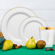 Decorative pearl string rims with gold details make this set ideal for elegant events.