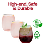 Decorative rose pink plastic stemless glasses with gold borders served with brunch and fresh fruit for bridal showers or weddings.