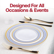 Decorative white round appetizer plates featuring a blue and gold rim design, plastic, 7.5 inches, 120-count set